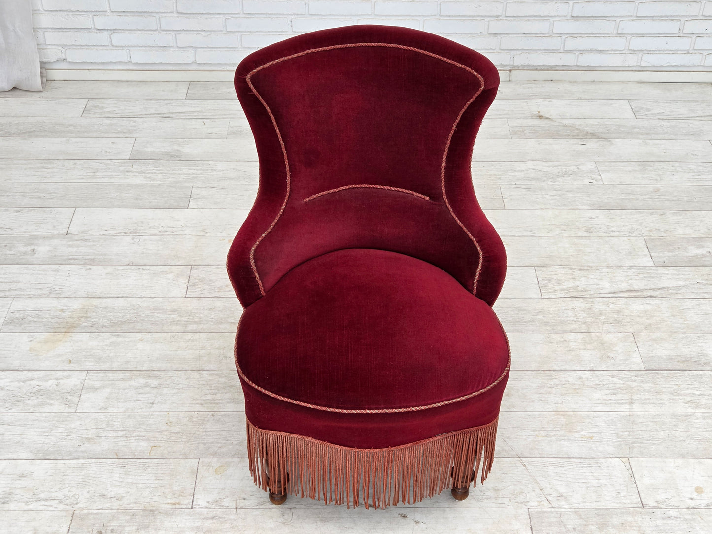 1950s, Danish cocktail lounge chair, cherry-red furniture velour.