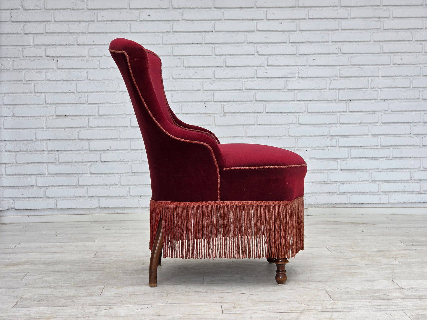 1950s, Danish cocktail lounge chair, cherry-red furniture velour.