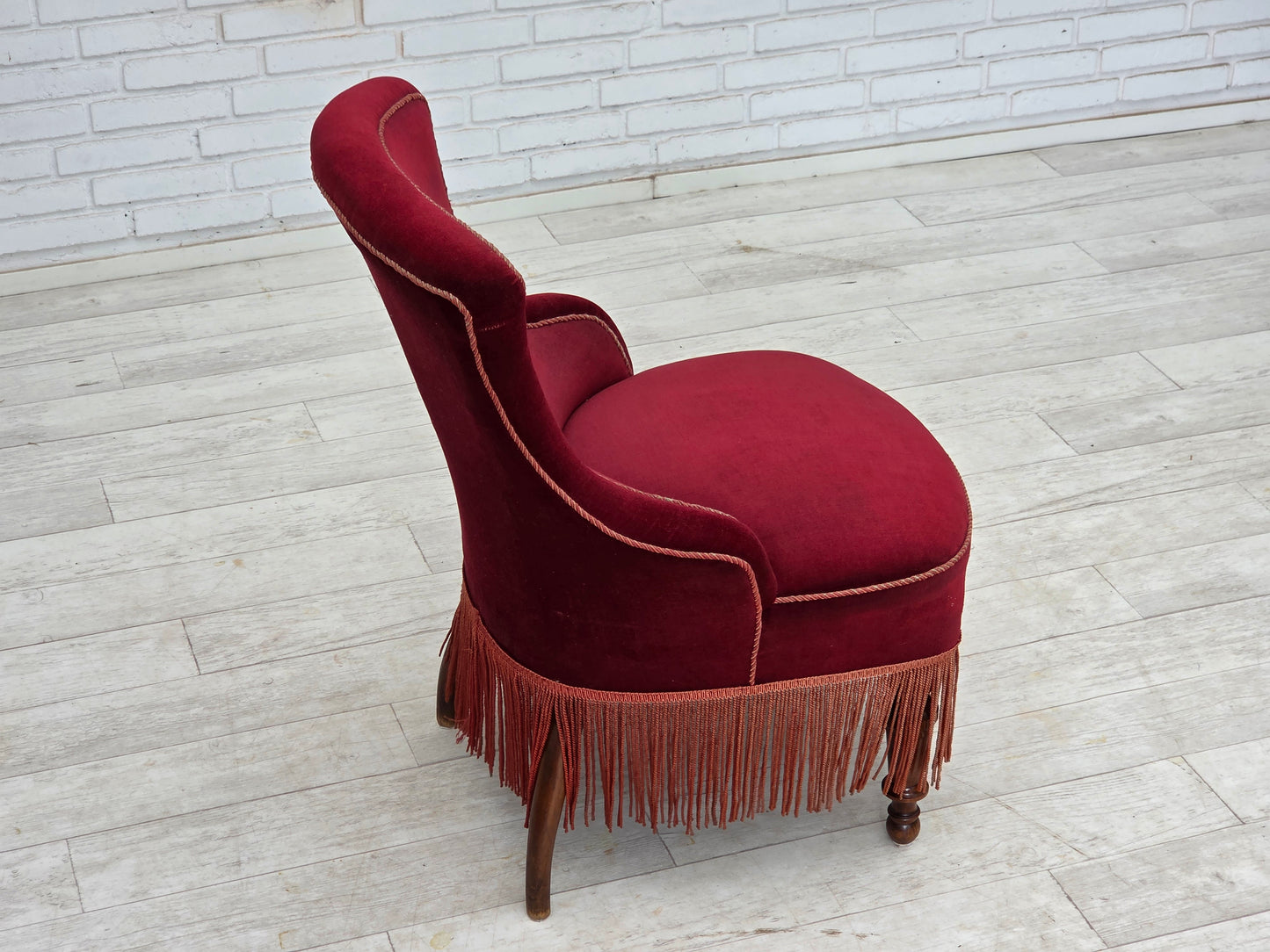 1950s, Danish cocktail lounge chair, cherry-red furniture velour.
