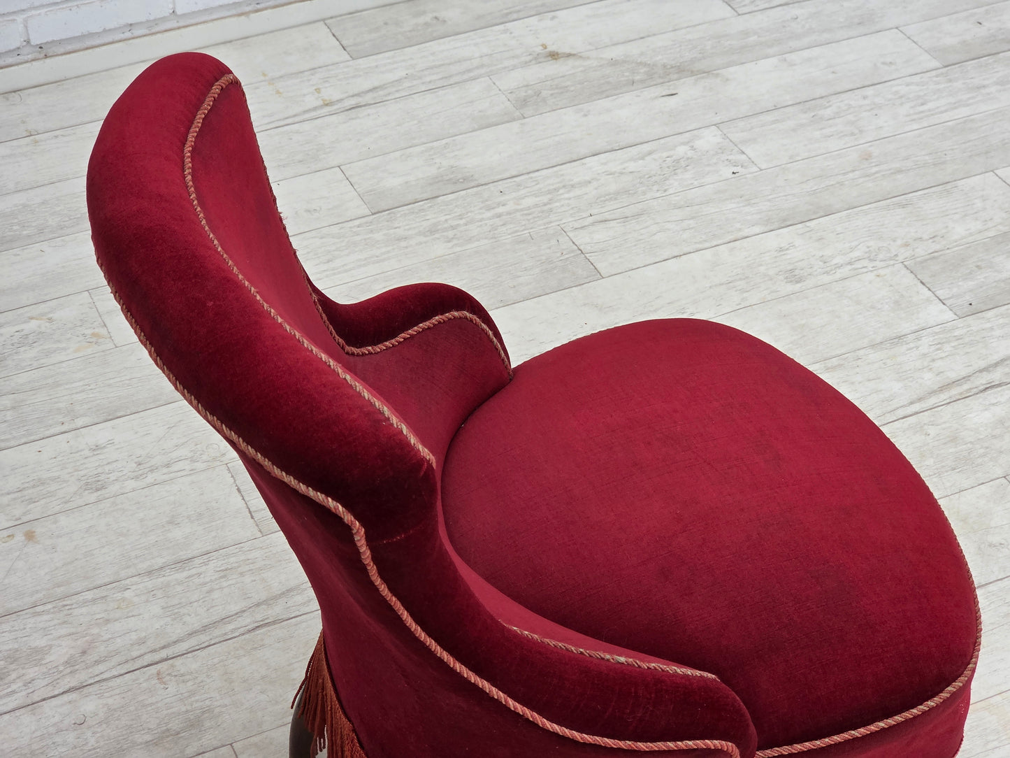 1950s, Danish cocktail lounge chair, cherry-red furniture velour.