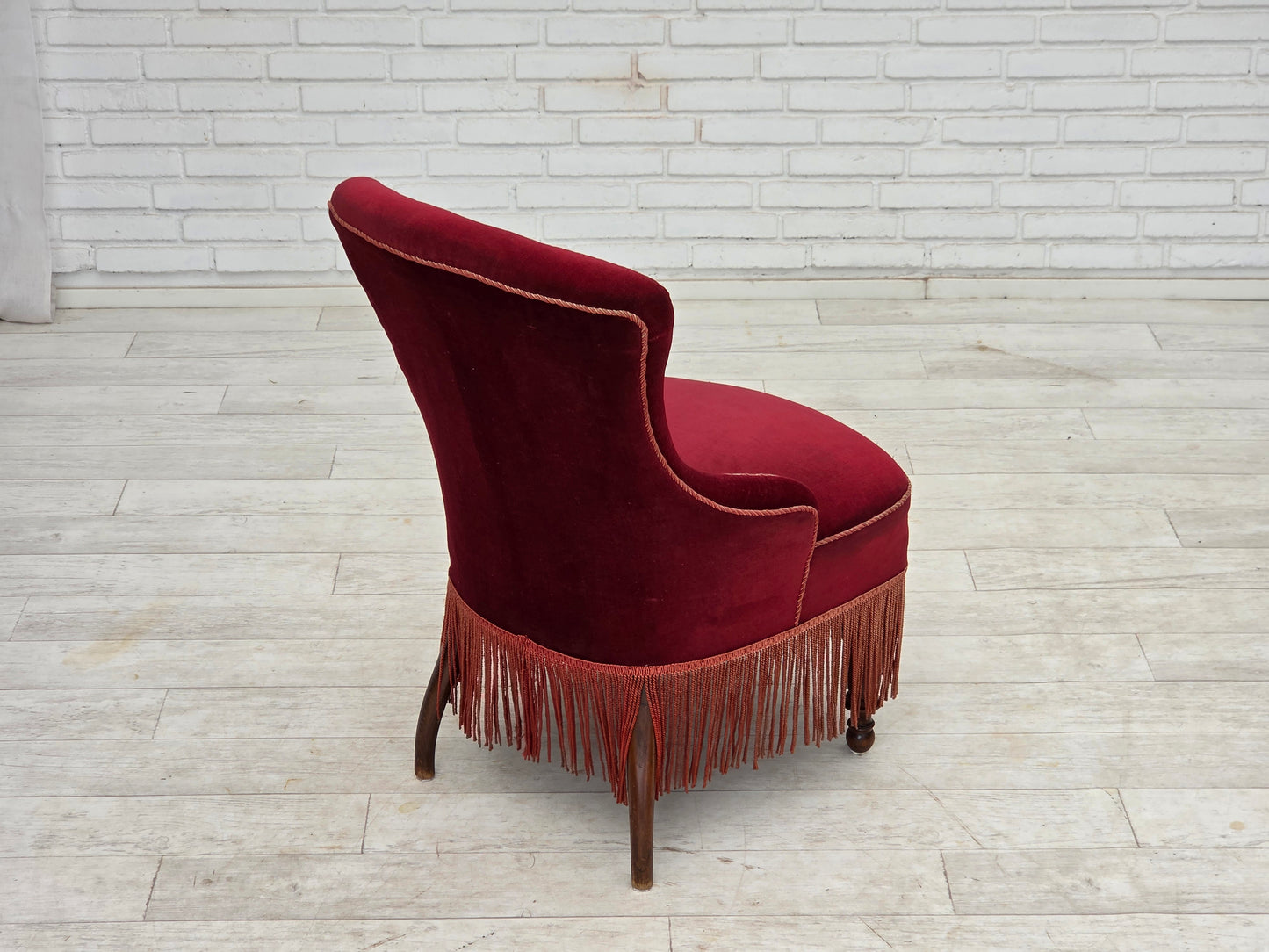 1950s, Danish cocktail lounge chair, cherry-red furniture velour.