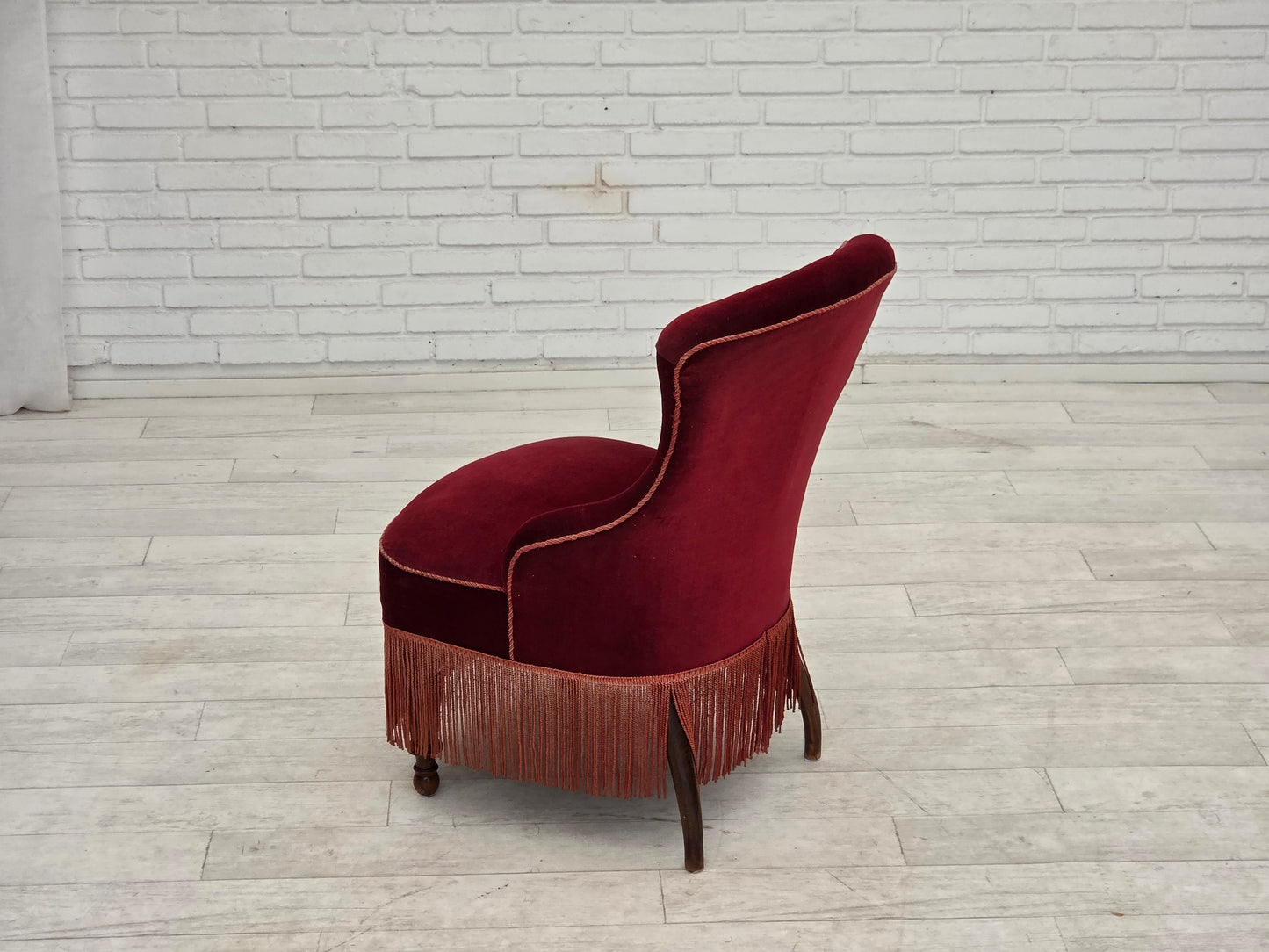 1950s, Danish cocktail lounge chair, cherry-red furniture velour.