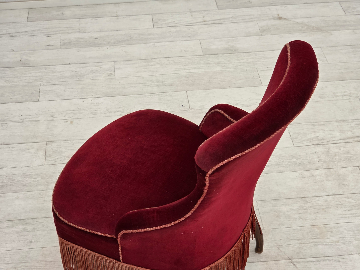 1950s, Danish cocktail lounge chair, cherry-red furniture velour.