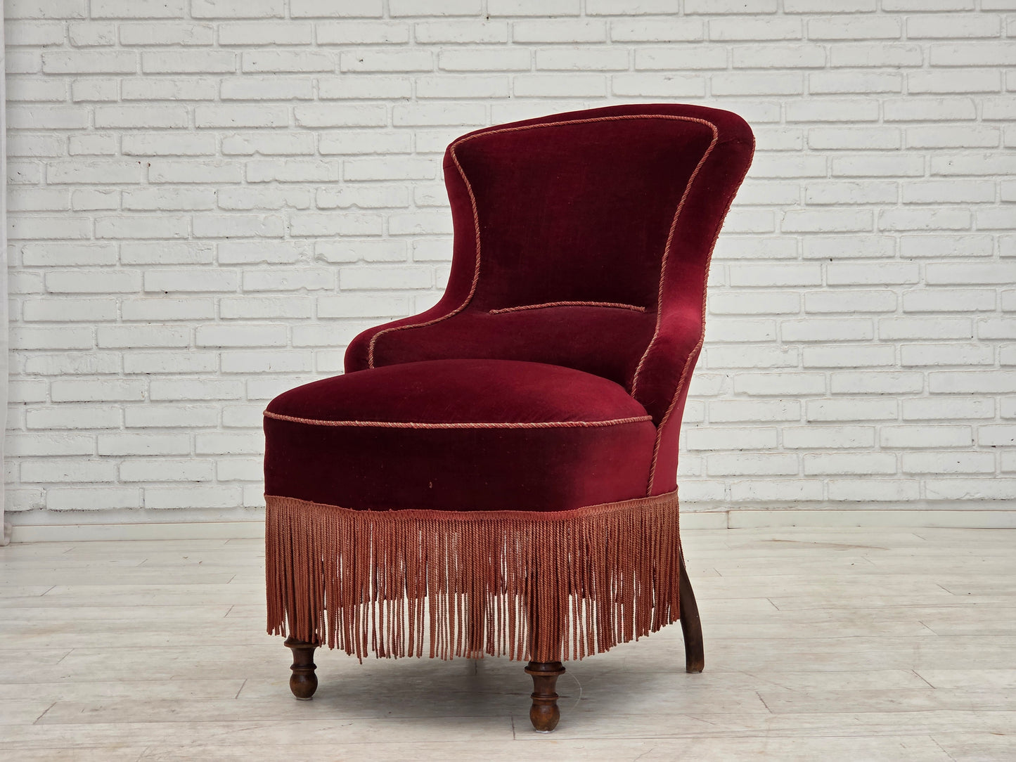 1950s, Danish cocktail lounge chair, cherry-red furniture velour.