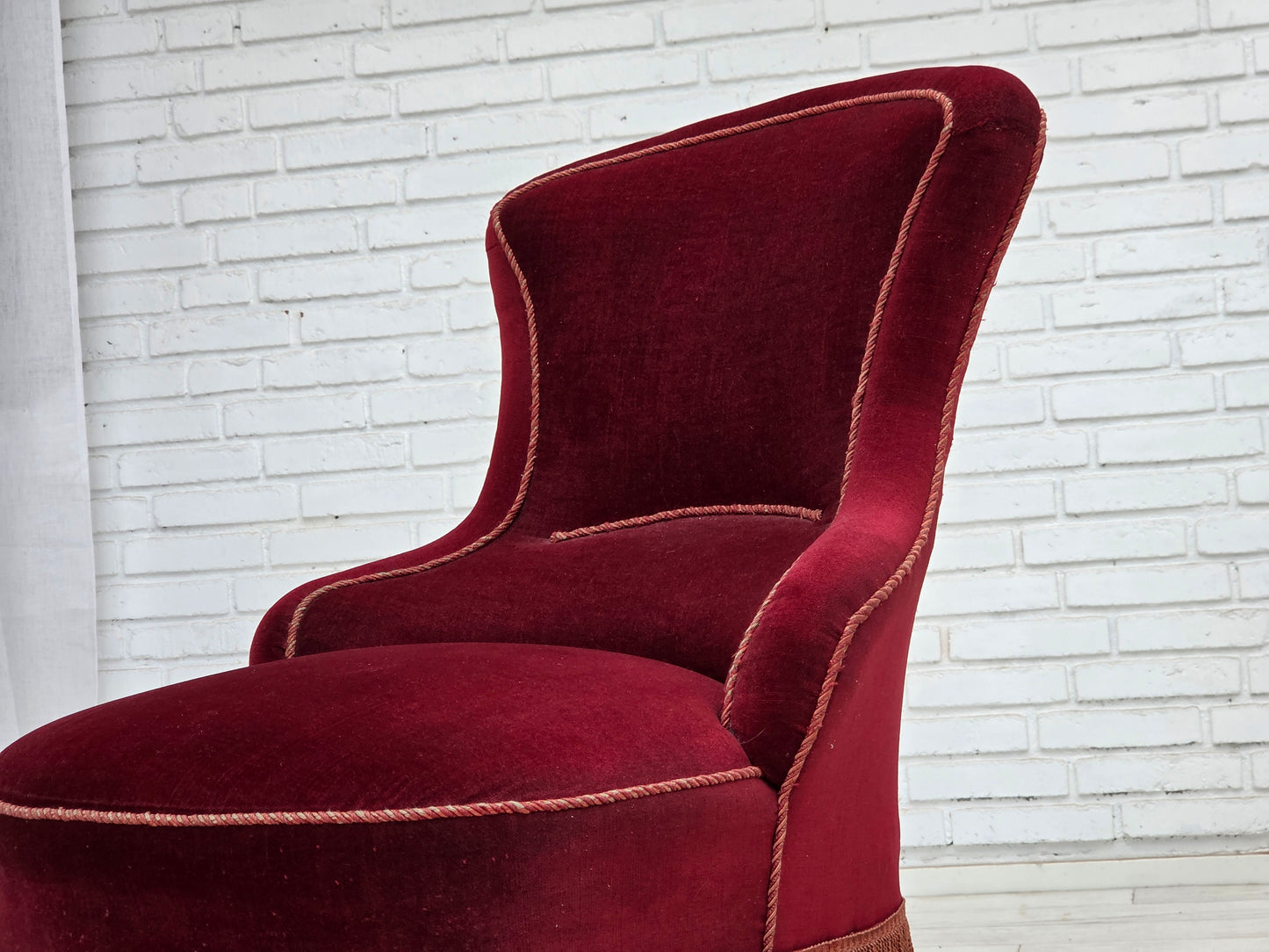 1950s, Danish cocktail lounge chair, cherry-red furniture velour.