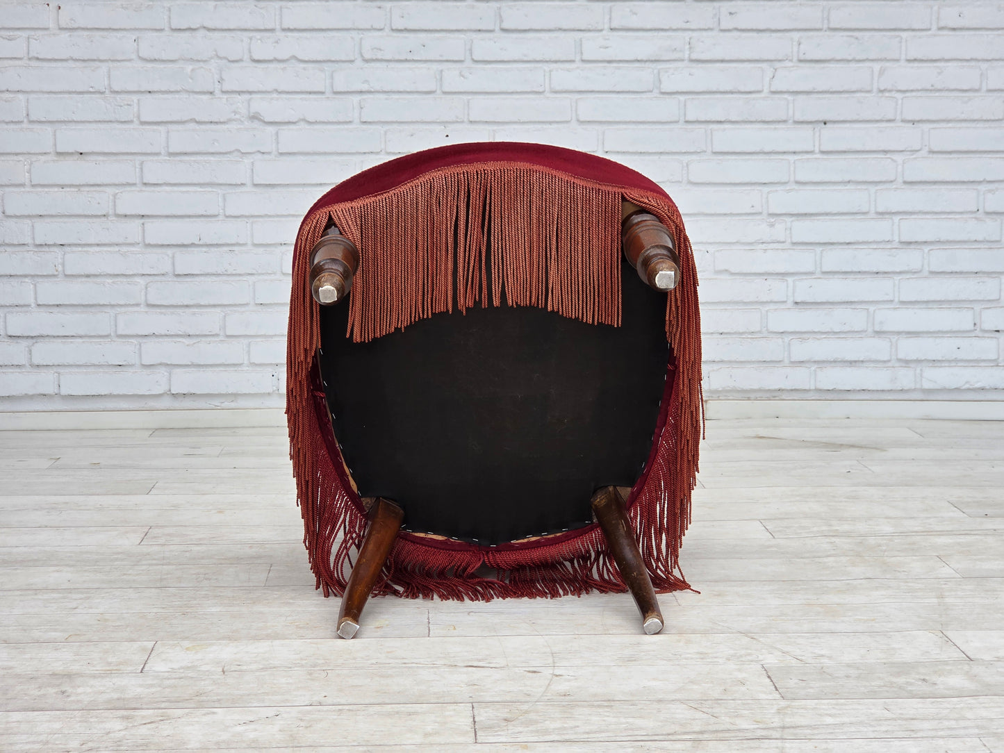 1950s, Danish cocktail lounge chair, cherry-red furniture velour.