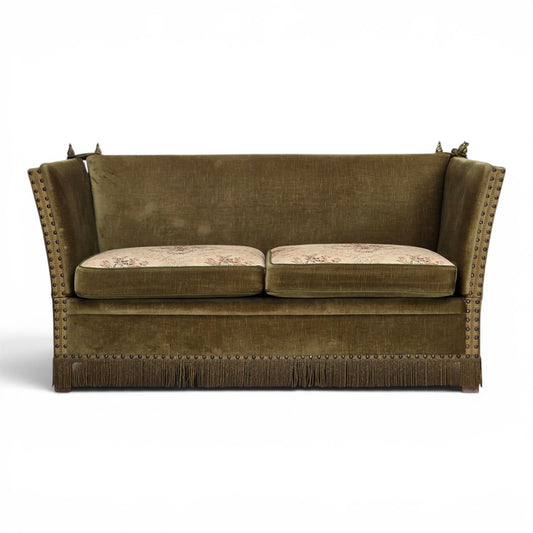 1970s, Danish 2-seater "Spanish" drop arm sofa, furniture velour.