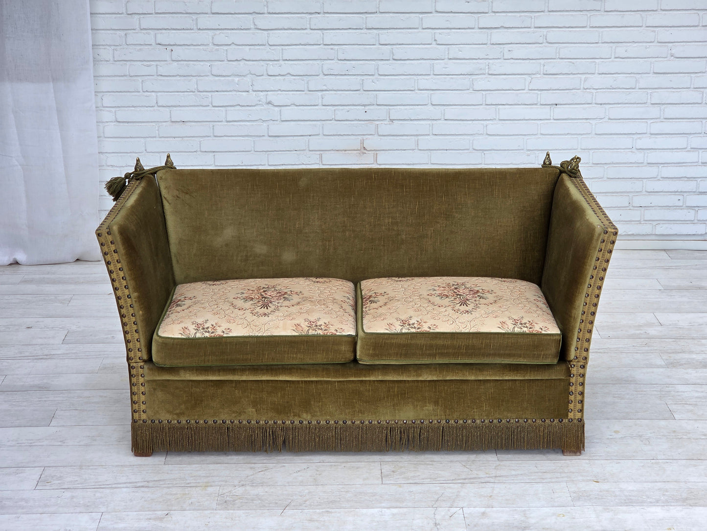 1970s, Danish 2-seater "Spanish" drop arm sofa, furniture velour.
