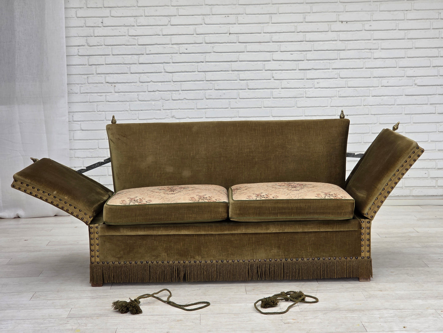 1970s, Danish 2-seater "Spanish" drop arm sofa, furniture velour.