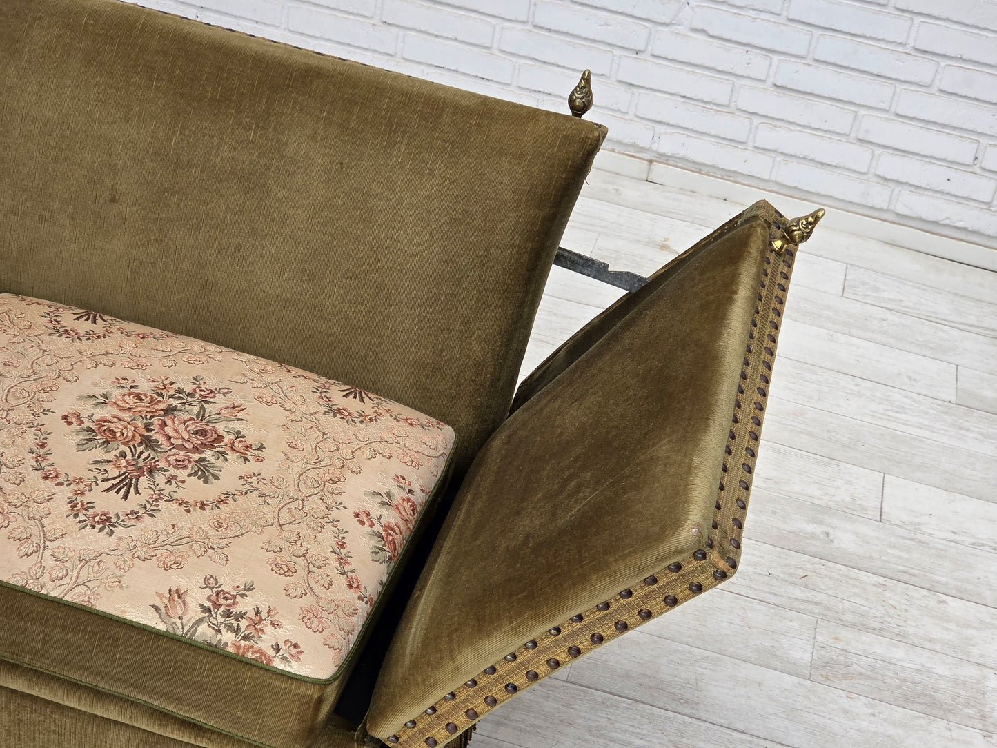 1970s, Danish 2-seater "Spanish" drop arm sofa, furniture velour.
