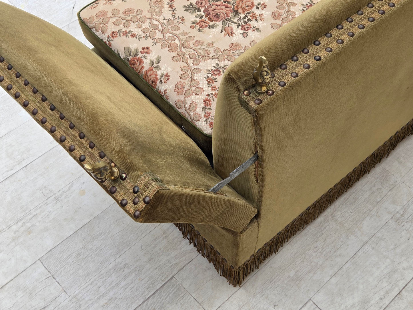 1970s, Danish 2-seater "Spanish" drop arm sofa, furniture velour.