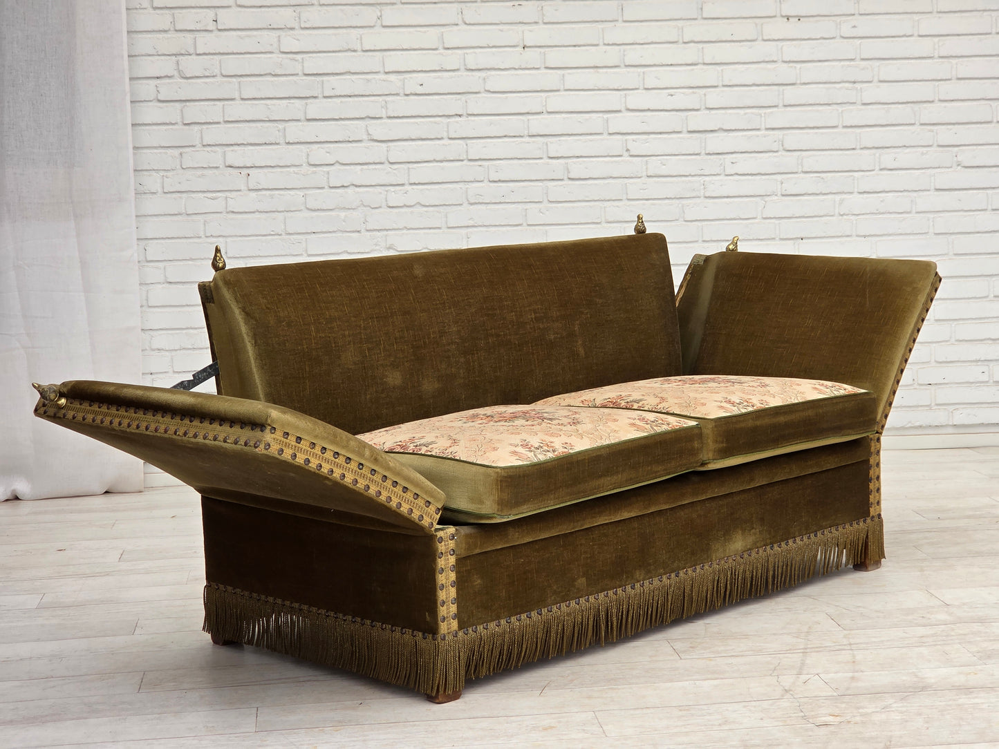 1970s, Danish 2-seater "Spanish" drop arm sofa, furniture velour.