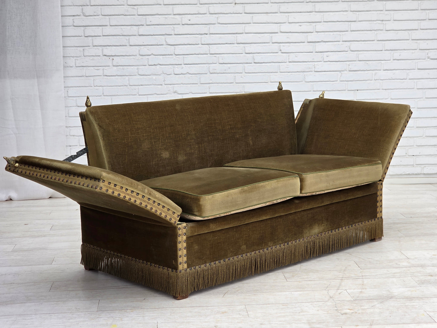 1970s, Danish 2-seater "Spanish" drop arm sofa, furniture velour.