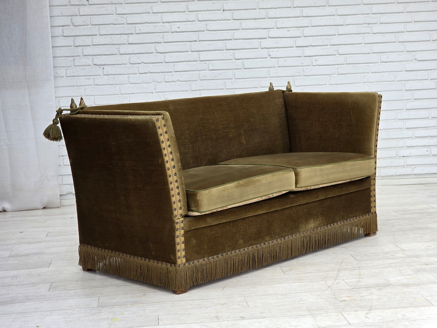 1970s, Danish 2-seater "Spanish" drop arm sofa, furniture velour.