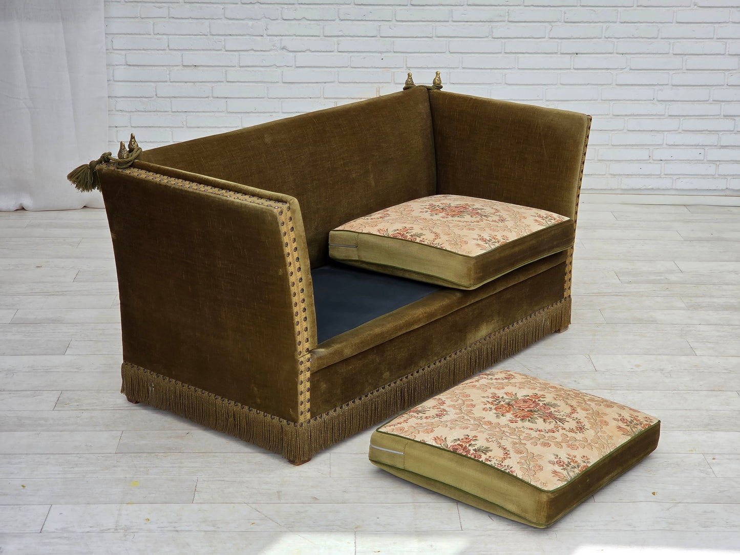 1970s, Danish 2-seater "Spanish" drop arm sofa, furniture velour.