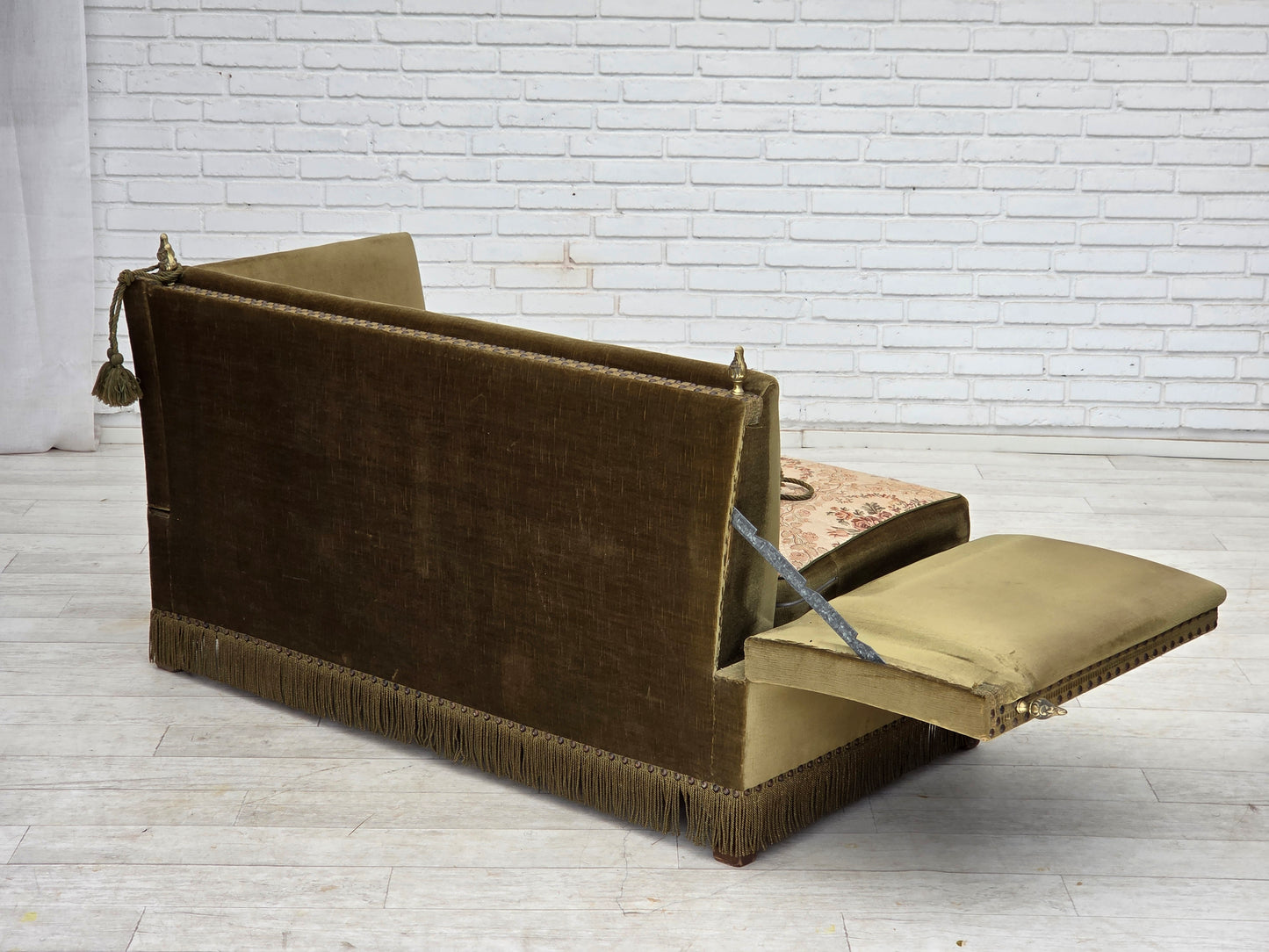 1970s, Danish 2-seater "Spanish" drop arm sofa, furniture velour.