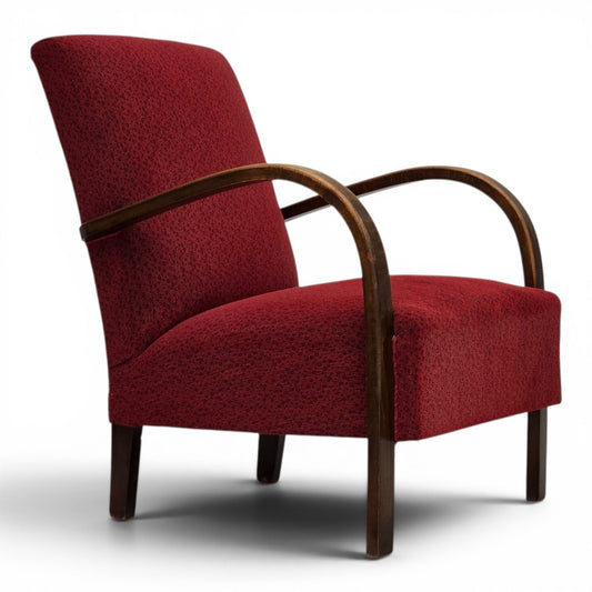1950s, Danish art deco armchair, original red furniture wool, beech wood.