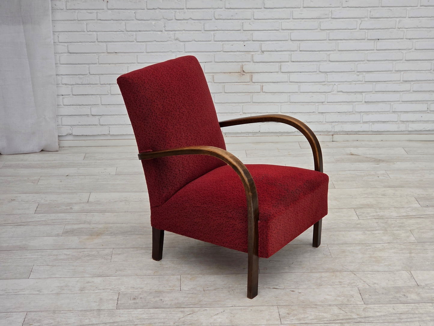 1950s, Danish art deco armchair, original red furniture wool, beech wood.