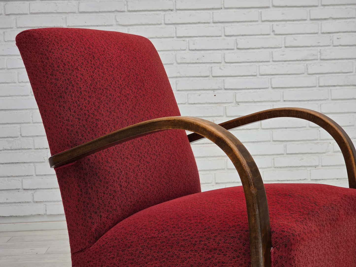 1950s, Danish art deco armchair, original red furniture wool, beech wood.