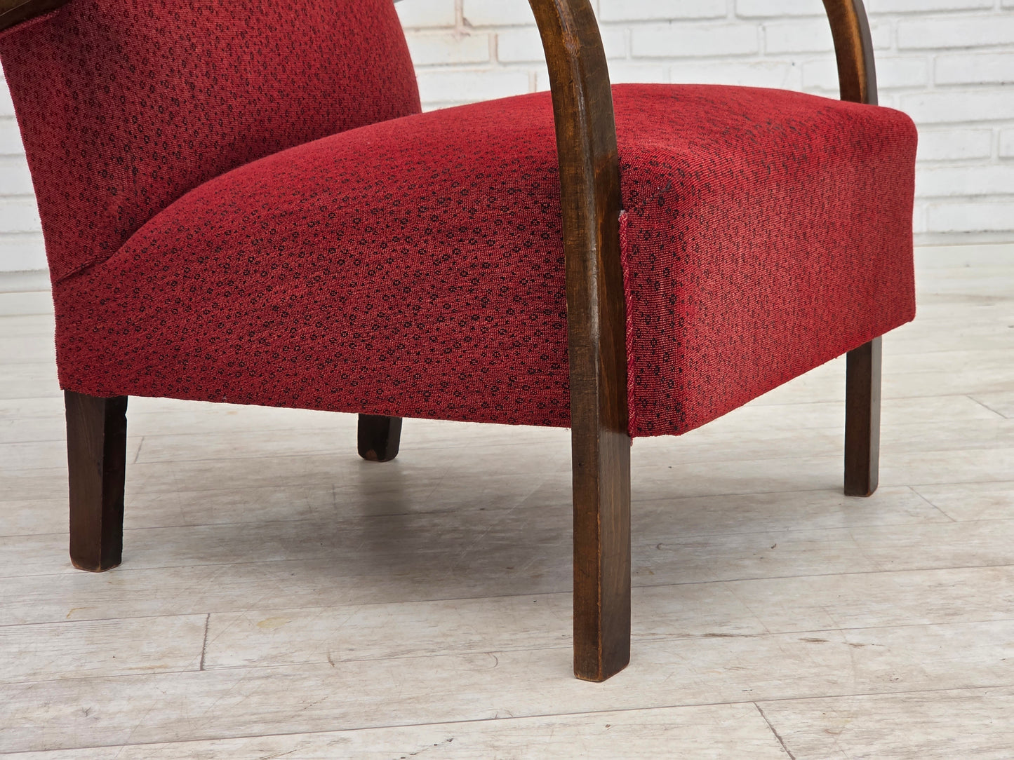 1950s, Danish art deco armchair, original red furniture wool, beech wood.