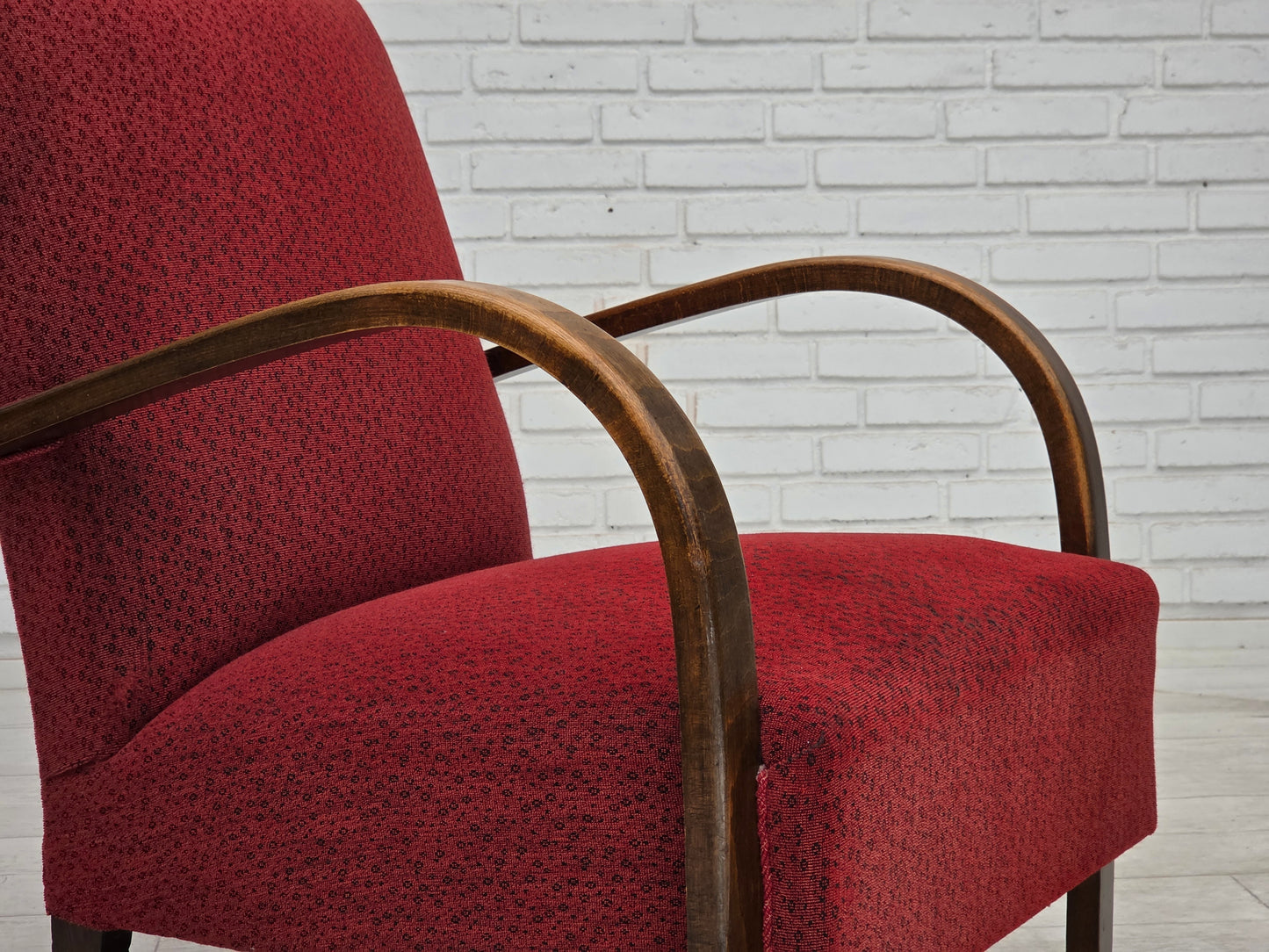 1950s, Danish art deco armchair, original red furniture wool, beech wood.