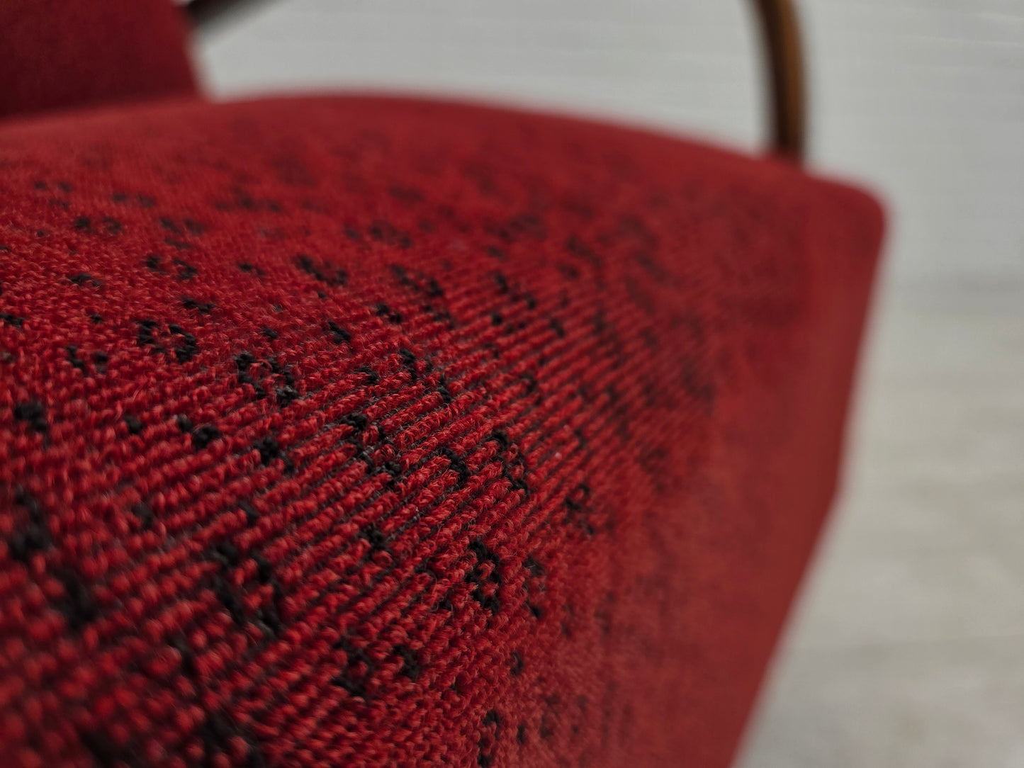 1950s, Danish art deco armchair, original red furniture wool, beech wood.