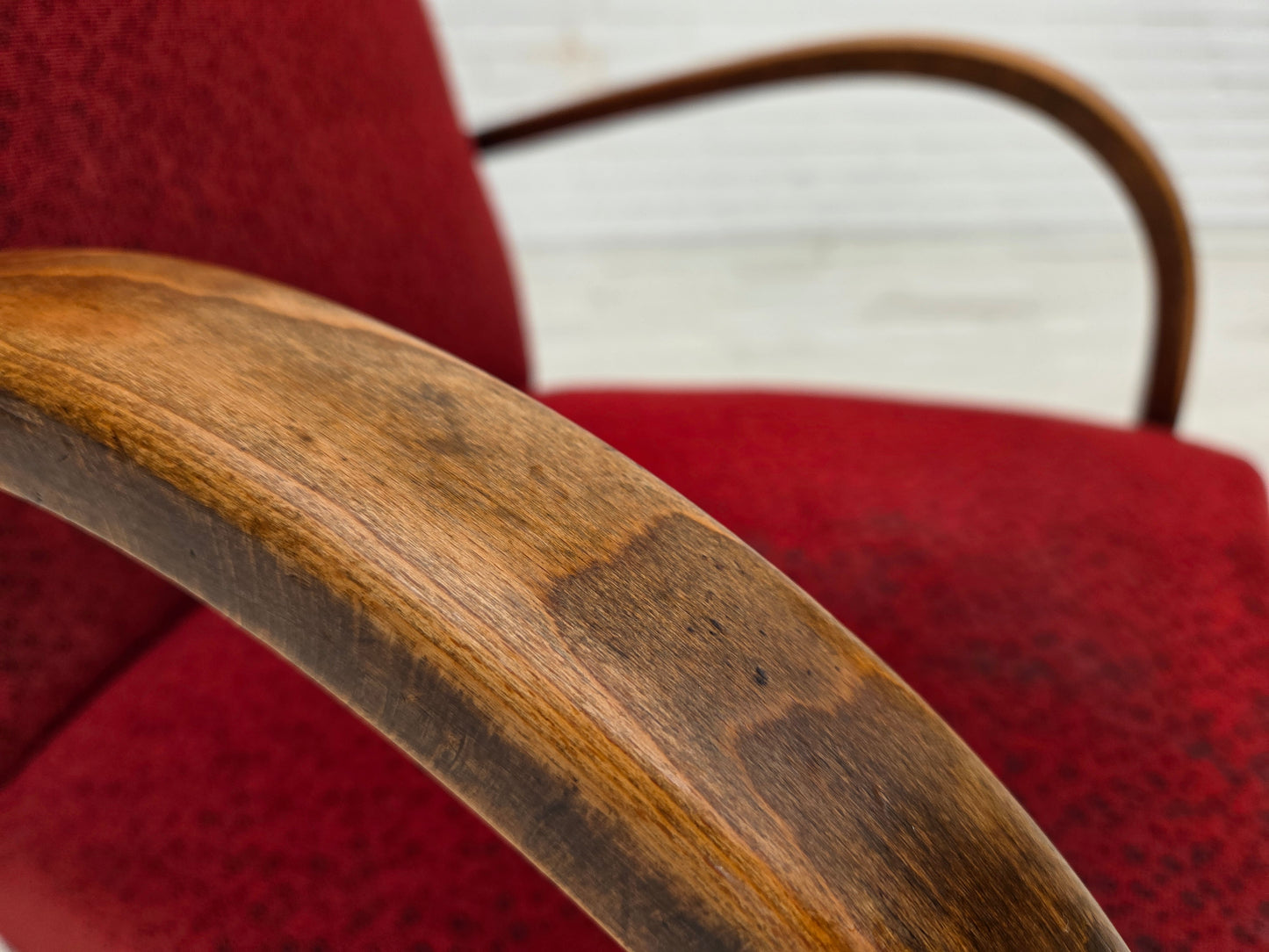 1950s, Danish art deco armchair, original red furniture wool, beech wood.