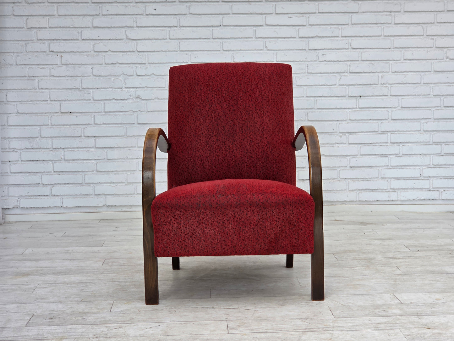 1950s, Danish art deco armchair, original red furniture wool, beech wood.