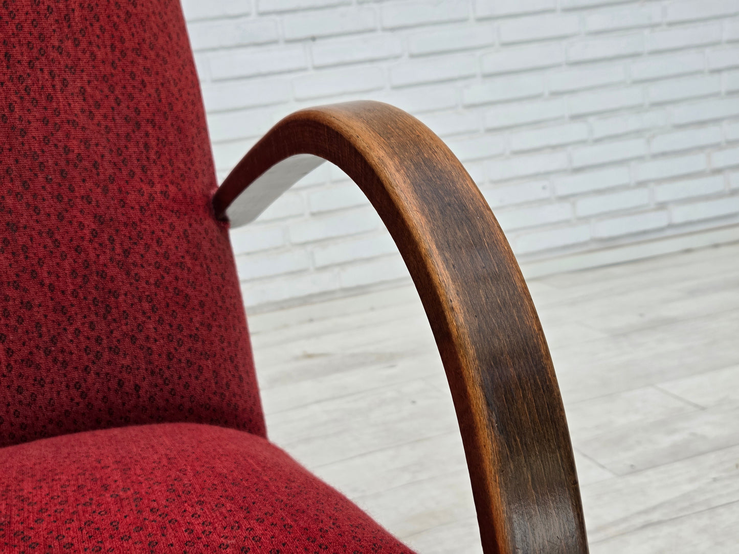 1950s, Danish art deco armchair, original red furniture wool, beech wood.
