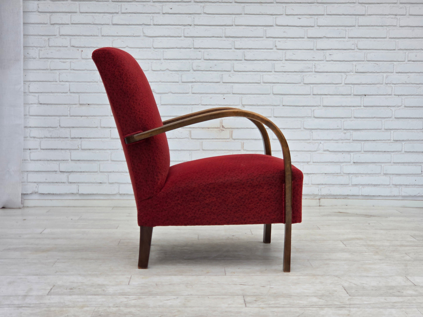 1950s, Danish art deco armchair, original red furniture wool, beech wood.