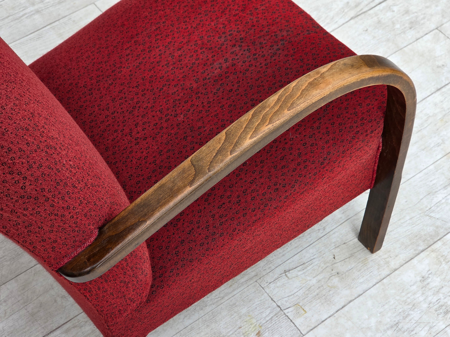 1950s, Danish art deco armchair, original red furniture wool, beech wood.