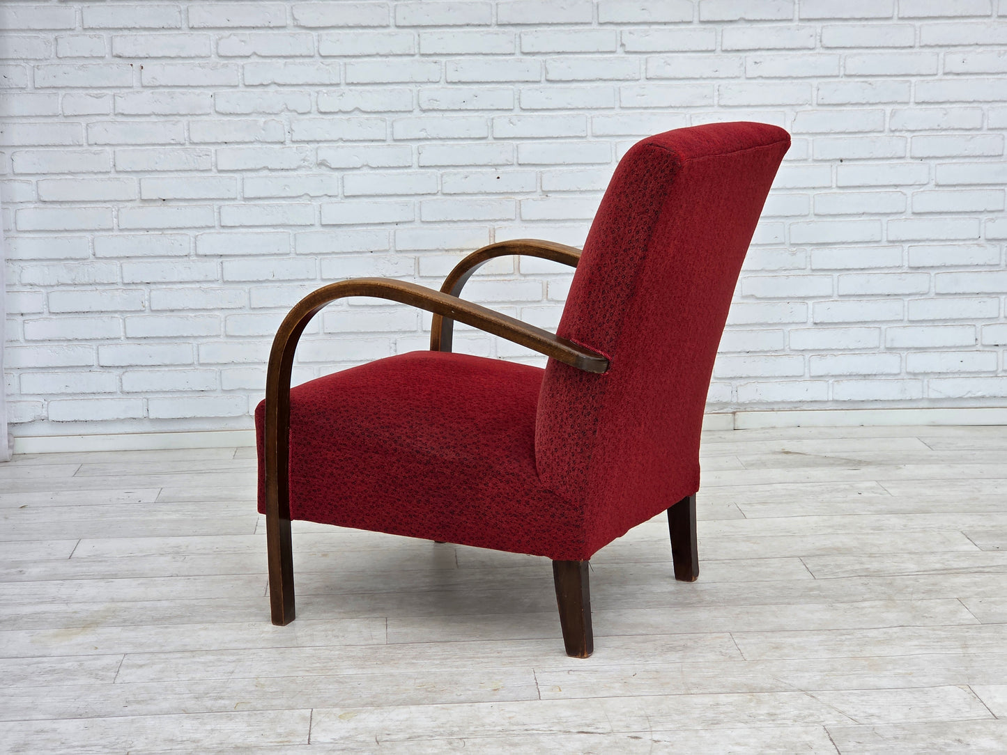 1950s, Danish art deco armchair, original red furniture wool, beech wood.