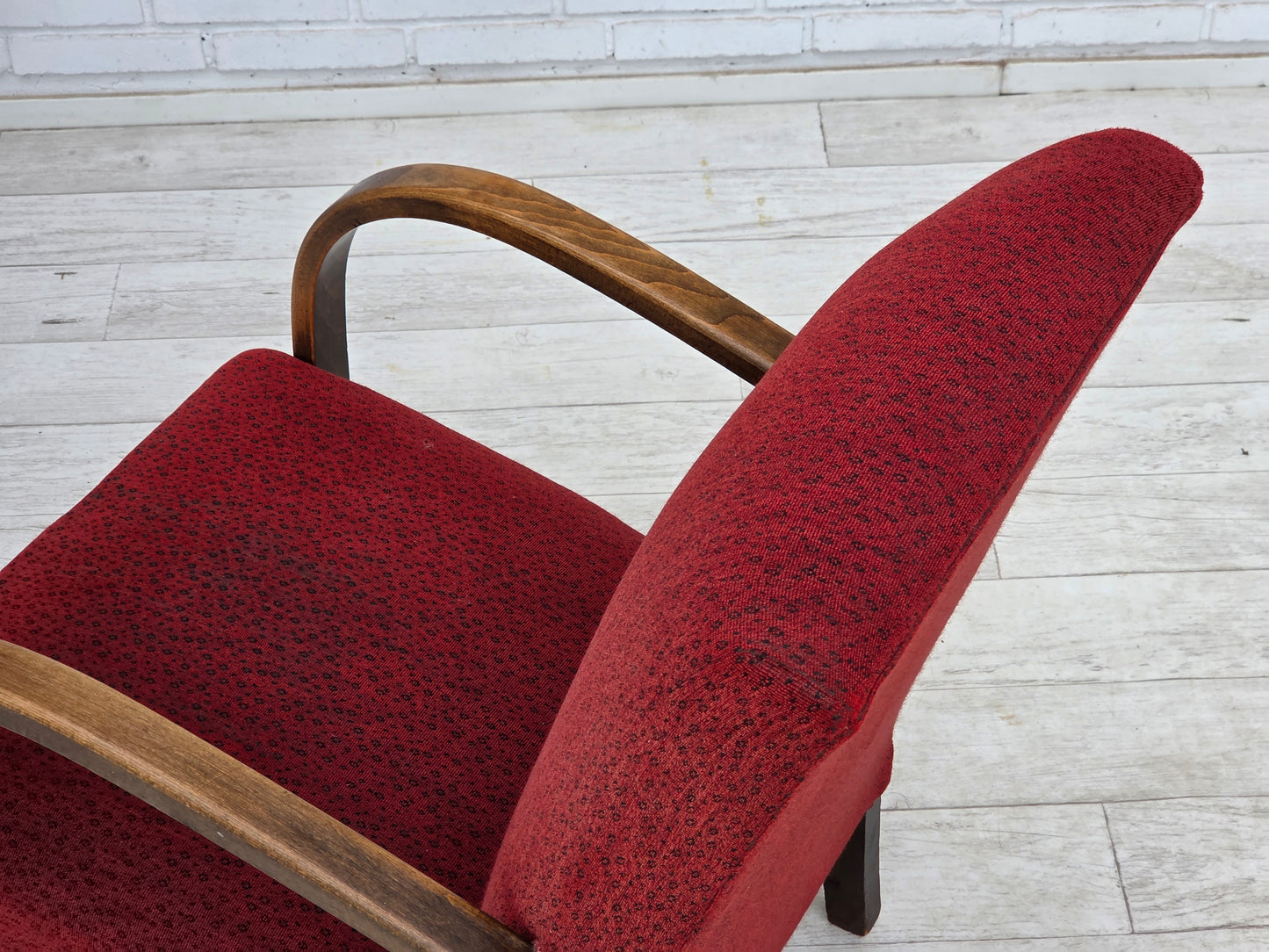 1950s, Danish art deco armchair, original red furniture wool, beech wood.