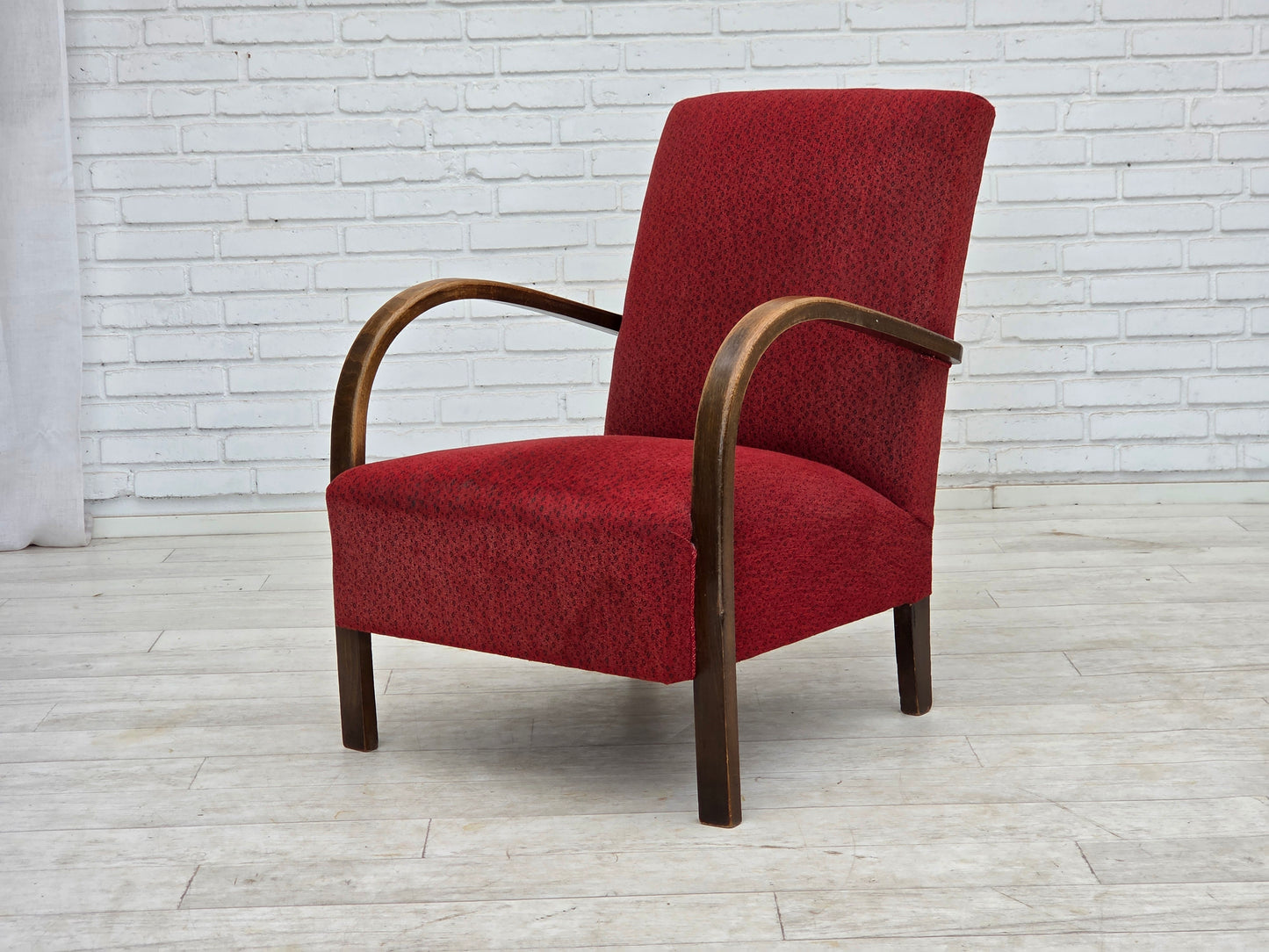 1950s, Danish art deco armchair, original red furniture wool, beech wood.