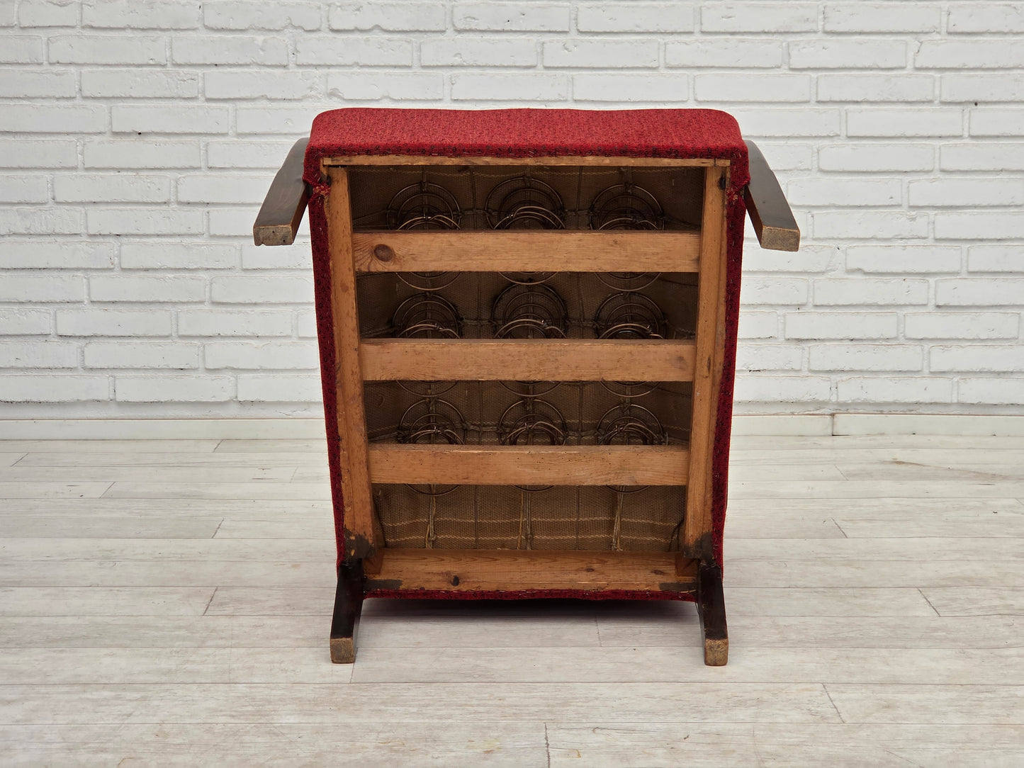 1950s, Danish art deco armchair, original red furniture wool, beech wood.