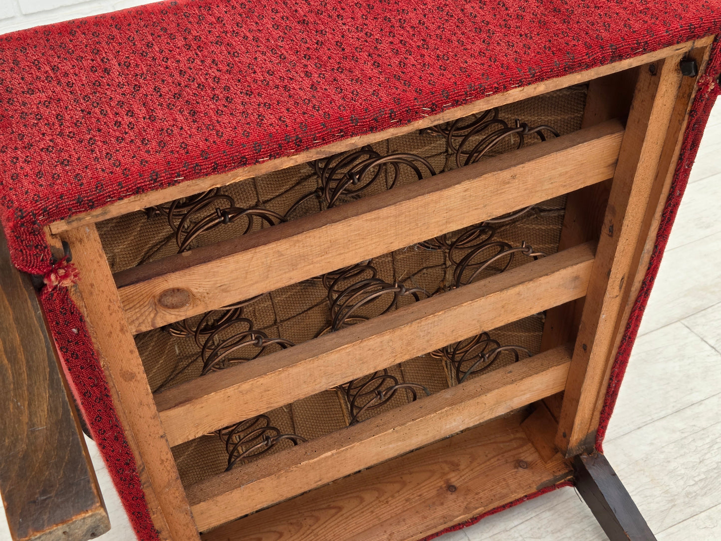1950s, Danish art deco armchair, original red furniture wool, beech wood.