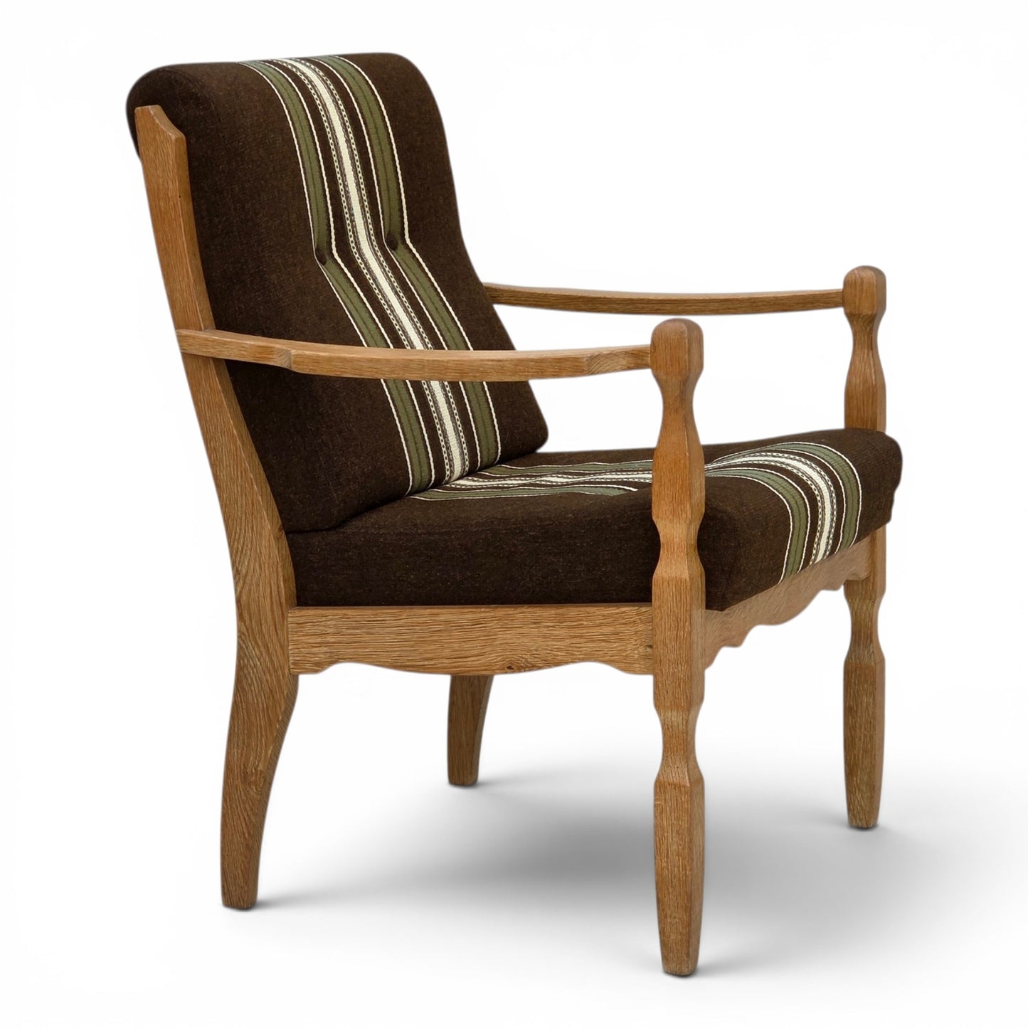 1970s, Danish armchair, original striped furniture wool, carved oak wood.