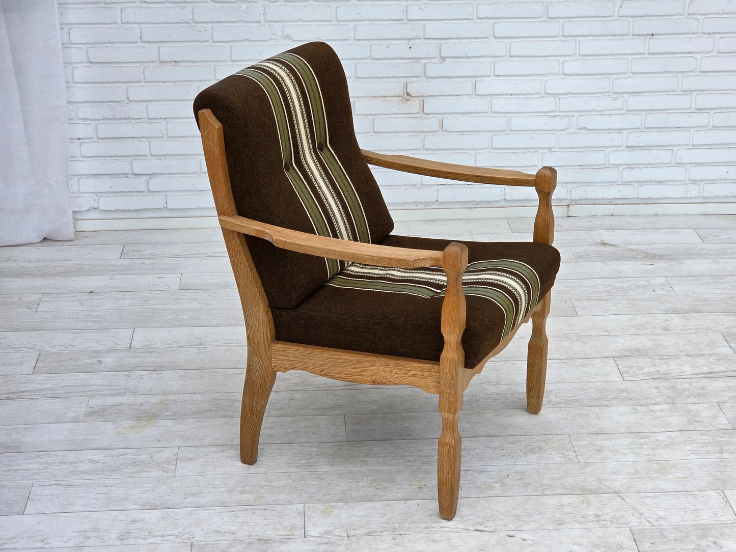 1970s, Danish armchair, original striped furniture wool, carved oak wood.