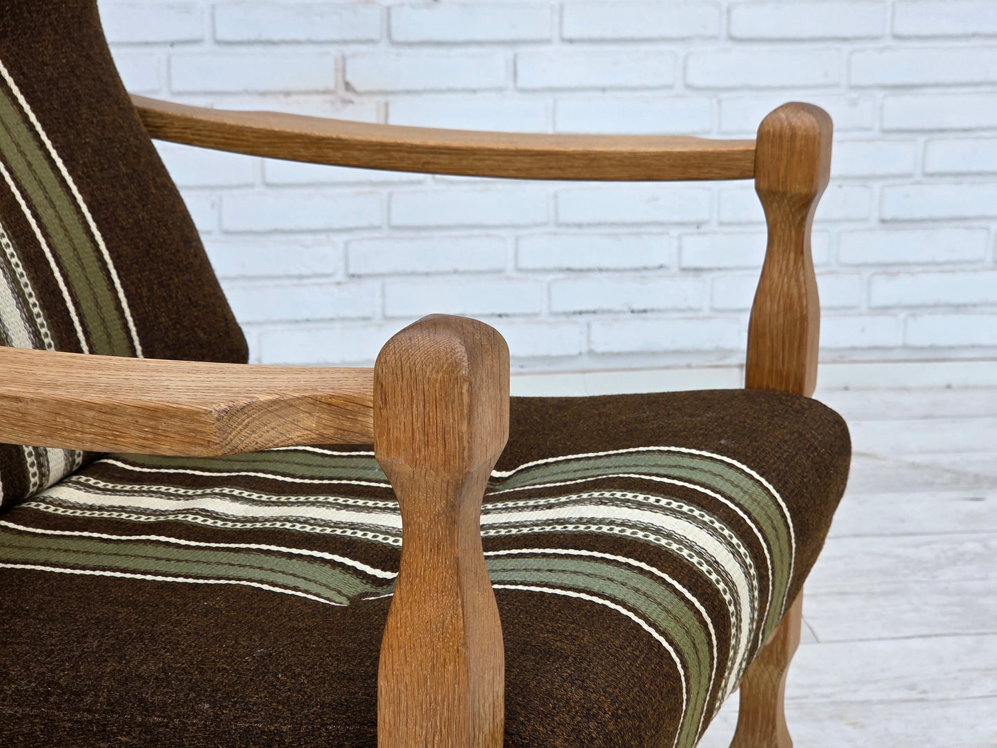 1970s, Danish armchair, original striped furniture wool, carved oak wood.