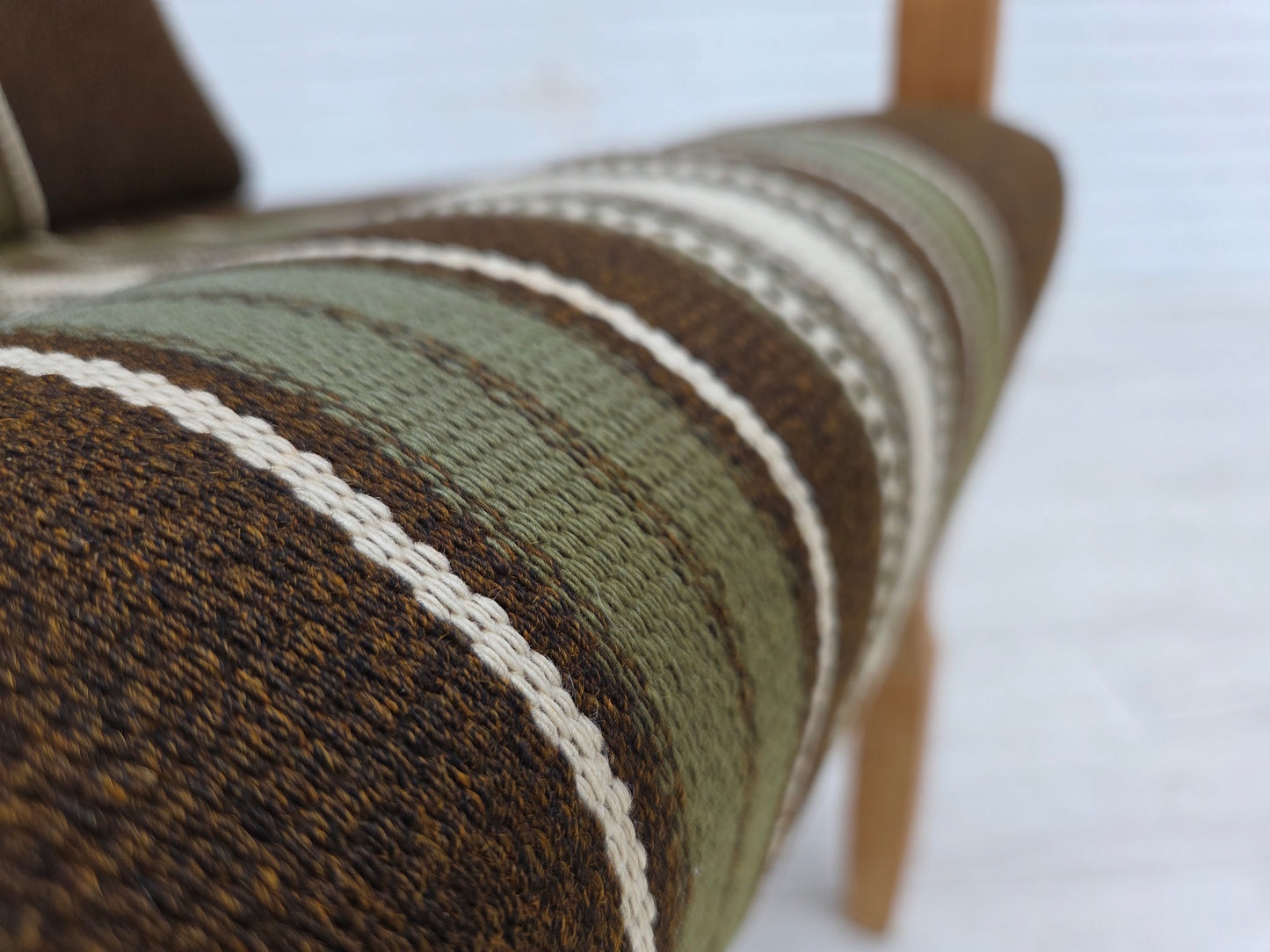 1970s, Danish armchair, original striped furniture wool, carved oak wood.