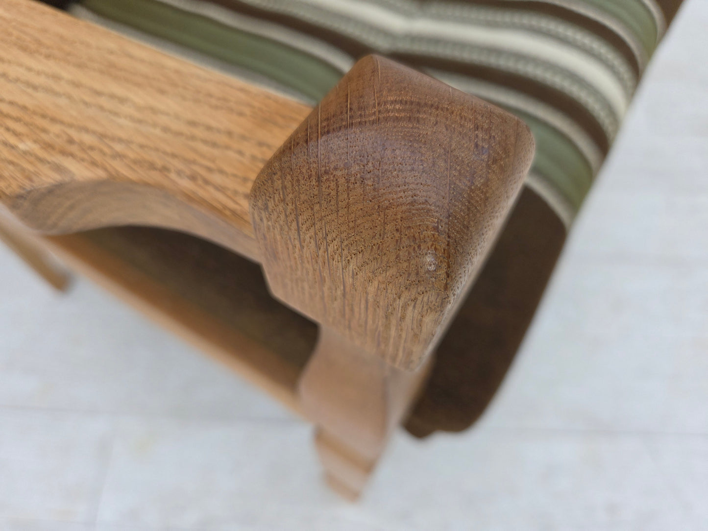 1970s, Danish armchair, original striped furniture wool, carved oak wood.