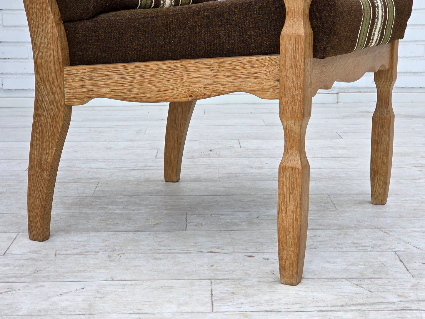 1970s, Danish armchair, original striped furniture wool, carved oak wood.