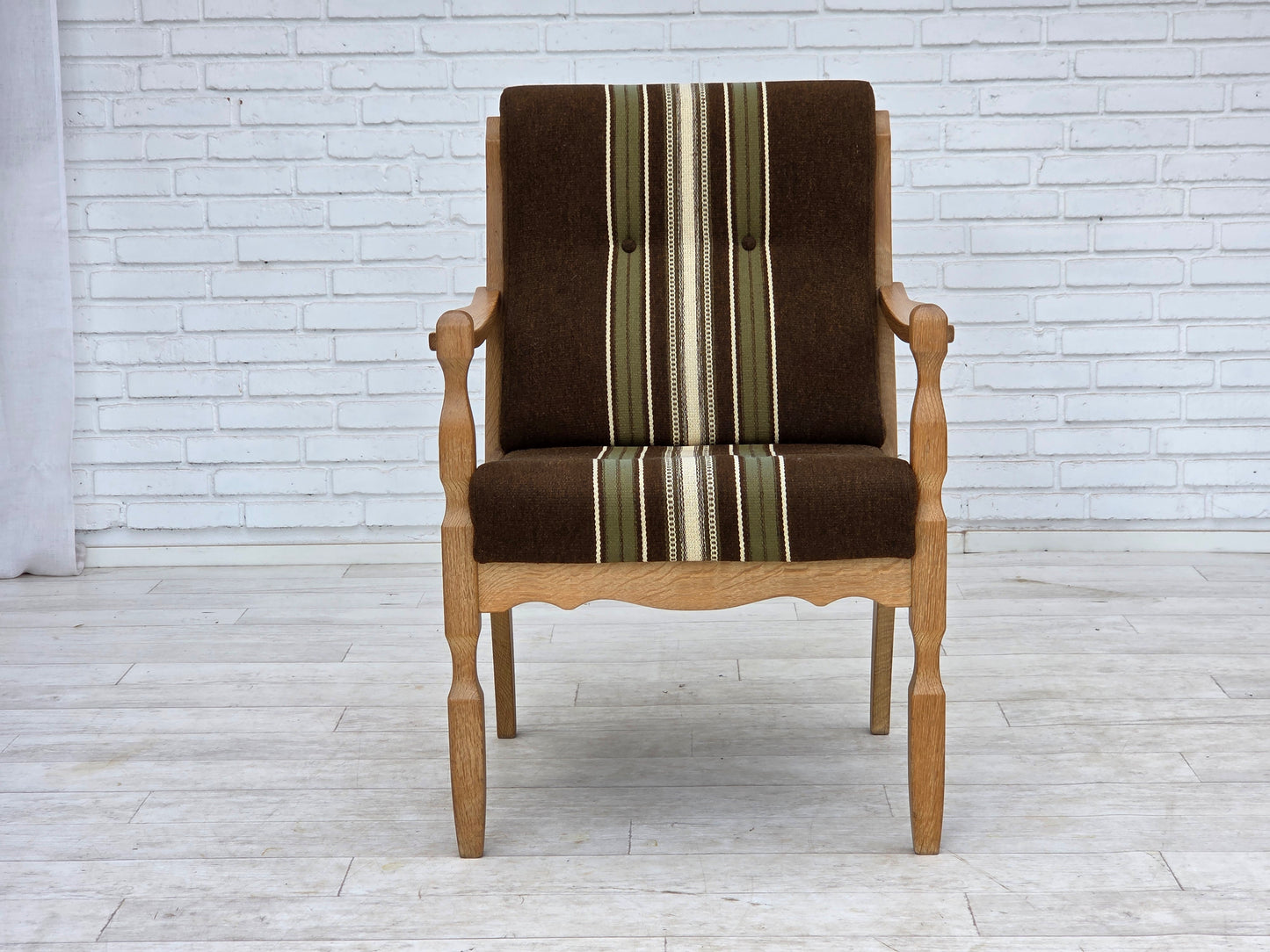 1970s, Danish armchair, original striped furniture wool, carved oak wood.