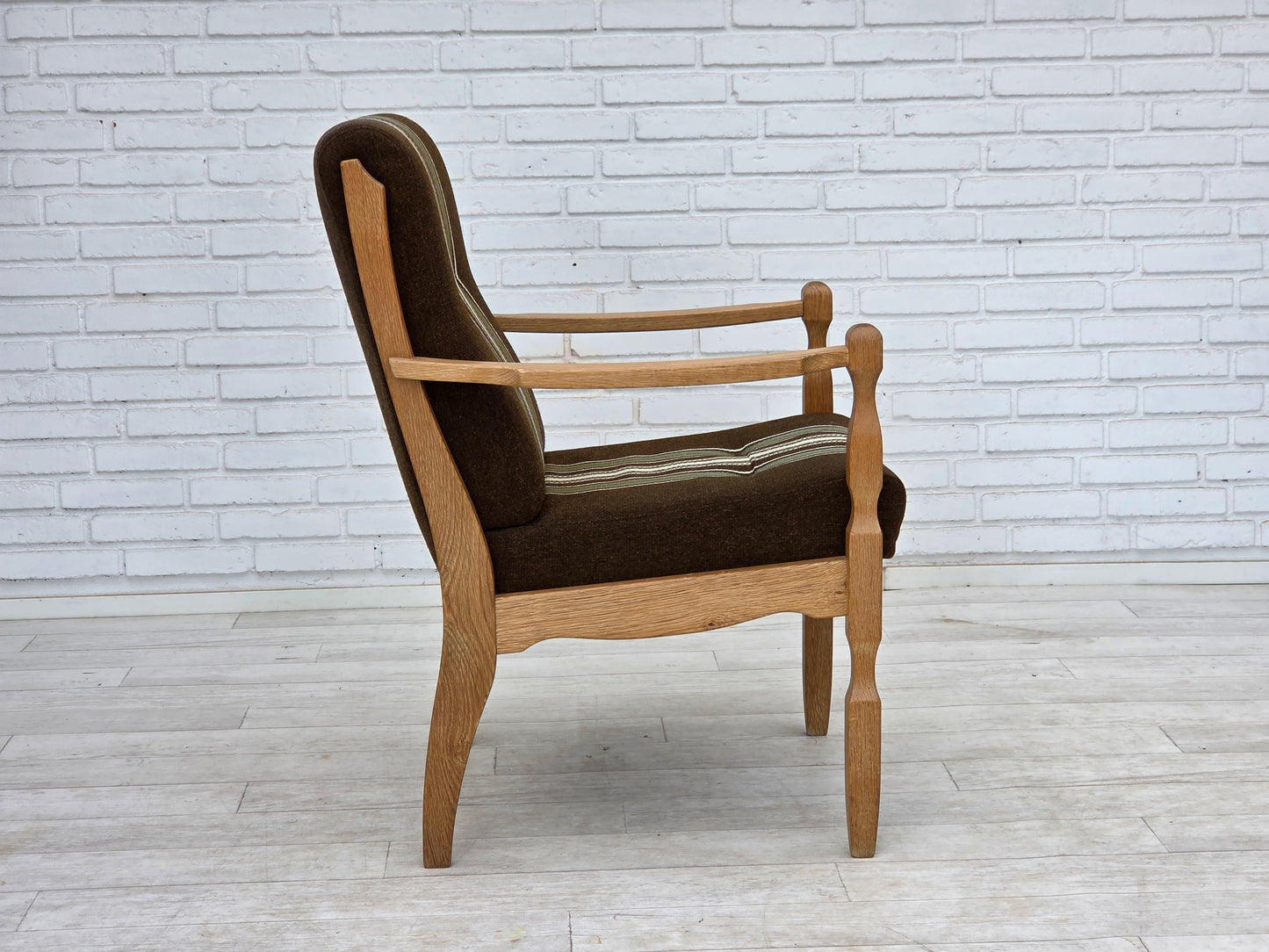 1970s, Danish armchair, original striped furniture wool, carved oak wood.