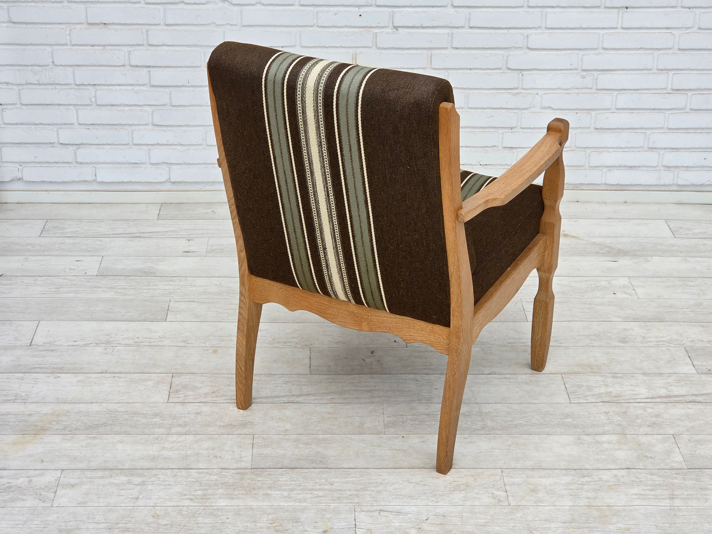 1970s, Danish armchair, original striped furniture wool, carved oak wood.