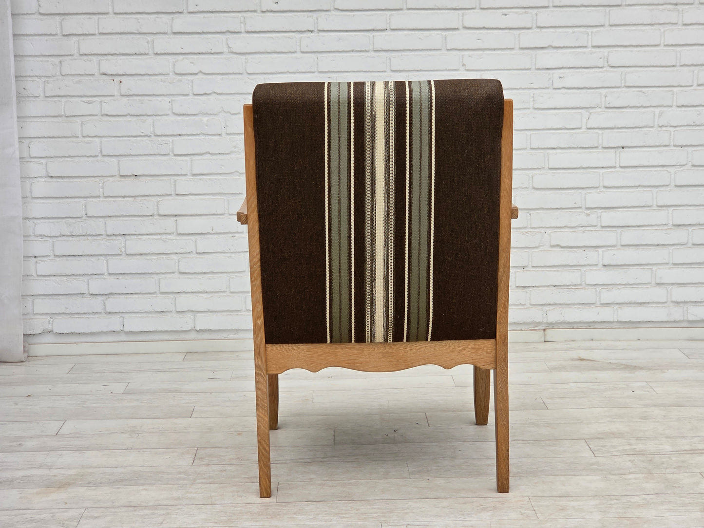1970s, Danish armchair, original striped furniture wool, carved oak wood.