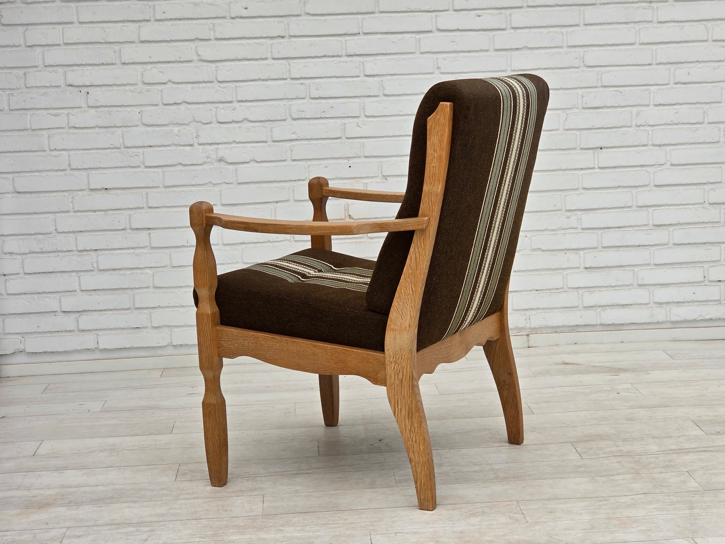 1970s, Danish armchair, original striped furniture wool, carved oak wood.