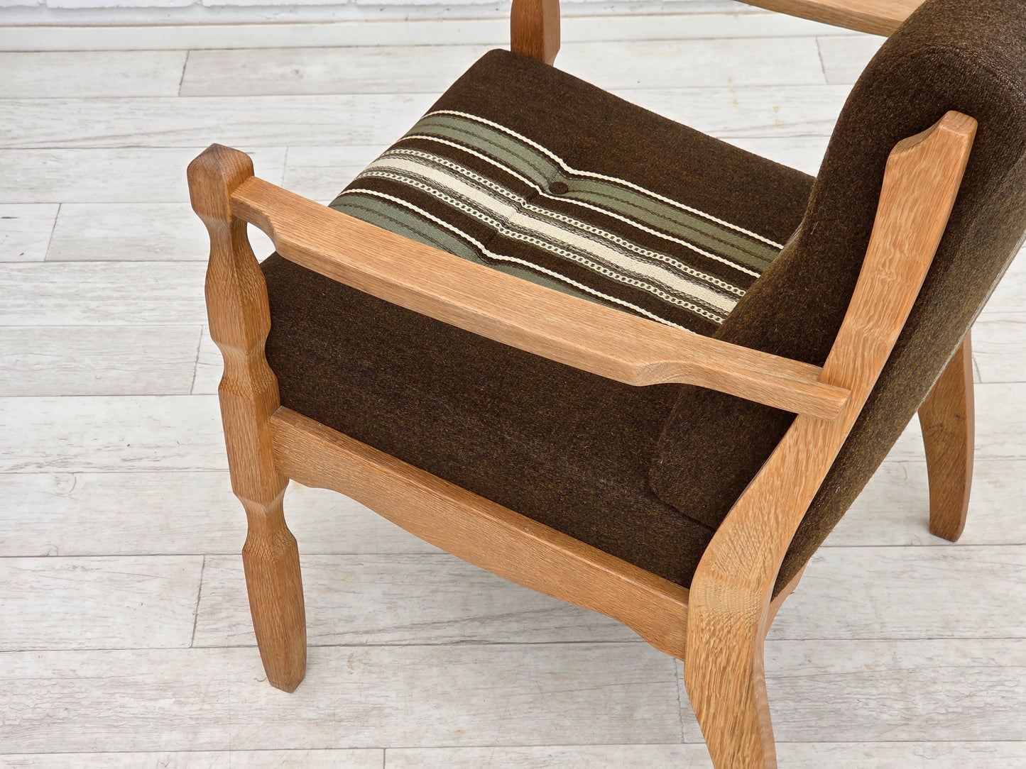 1970s, Danish armchair, original striped furniture wool, carved oak wood.