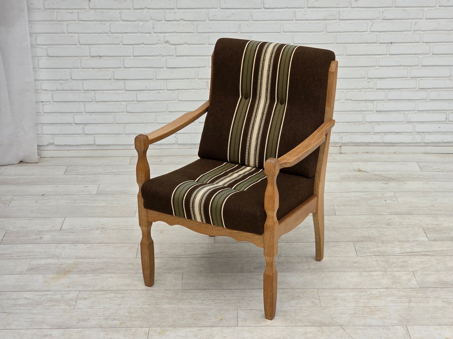 1970s, Danish armchair, original striped furniture wool, carved oak wood.