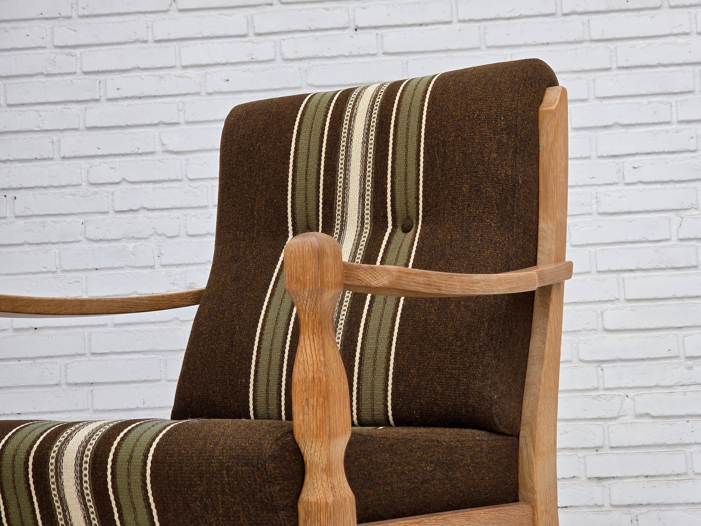 1970s, Danish armchair, original striped furniture wool, carved oak wood.